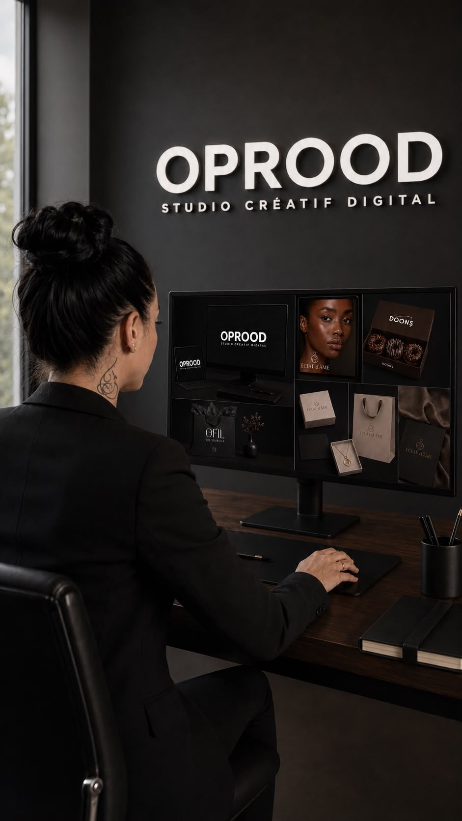 Angelina fondatrice et directrice créative du studio OPROOD devant son portfolio