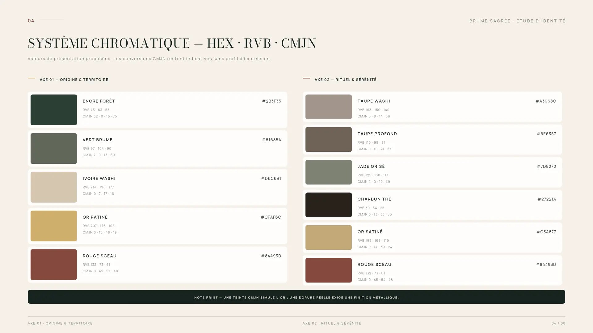Brume Sacrée — palette de couleurs